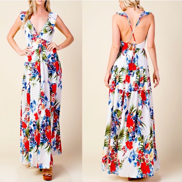L Love Dresses & Skirts - L Love Floral V-Neck Open Tie-Back Maxi Dress – Size Medium
